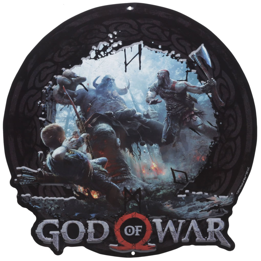 Placa Alumínio Recorte - God of War - Kratos e Atreus contra Troll